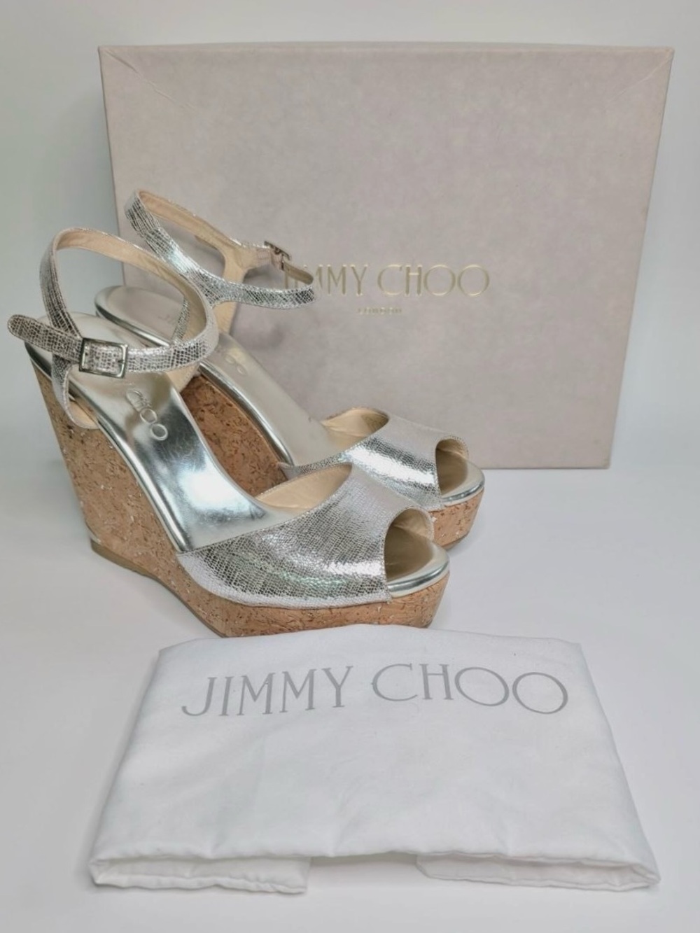 NWT Jimmy Choo Silver Perla 120 Metallic Leather Cork Wedge Sandals 38 Authentic